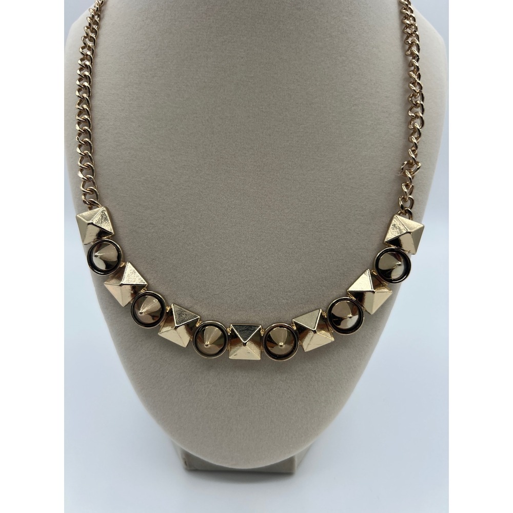 Punch Gold Tone Pyramid Stud and Spike Statement Necklace Edgy Punk Curb Chain